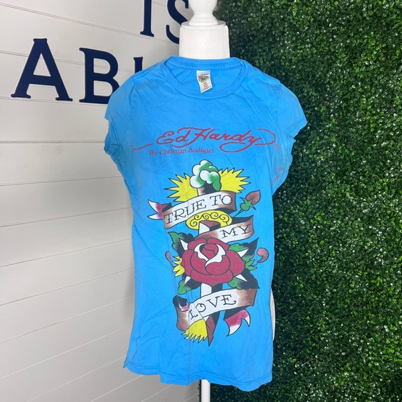 Ed Hardy Tops - Ed Hardy Blue Vintage Graphic 'True To My Love' Tee